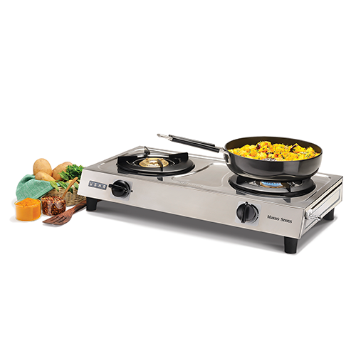Usha Cooktops Maxus GS2001 2 burner gas stove with toughened glass and brass burners.