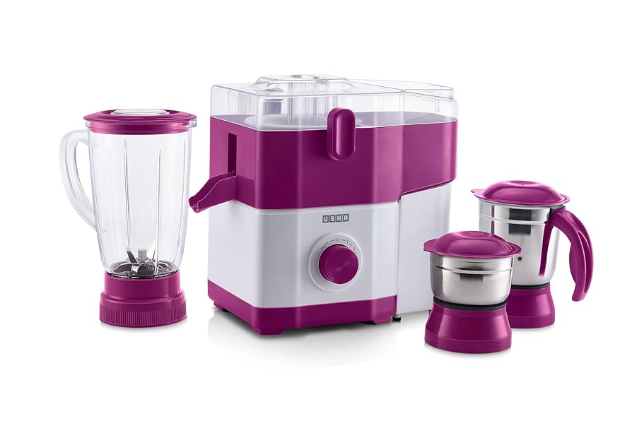 Usha Undramatic Juicer Mixer Grinder in kitchen setting with fruits and vegetables